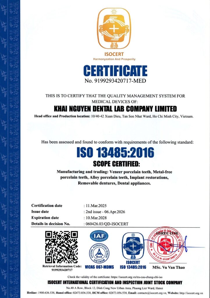 ISO 13485:2016 certificate No. 9199293420717-MED issued by ISOCERT to Khai Nguyen Dental Lab Company Limited, valid to 10 March 2028