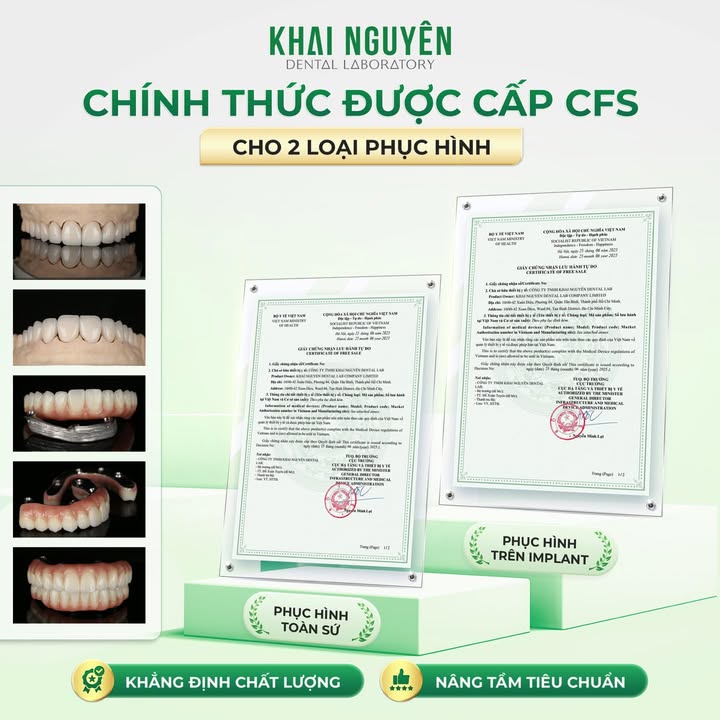 Khai Nguyên Dental Lab được Bộ Y tế cấp Giấy chứng nhận lưu hành tự do cho phục hình toàn sứ và phục hình trên implant, tháng 7/2025