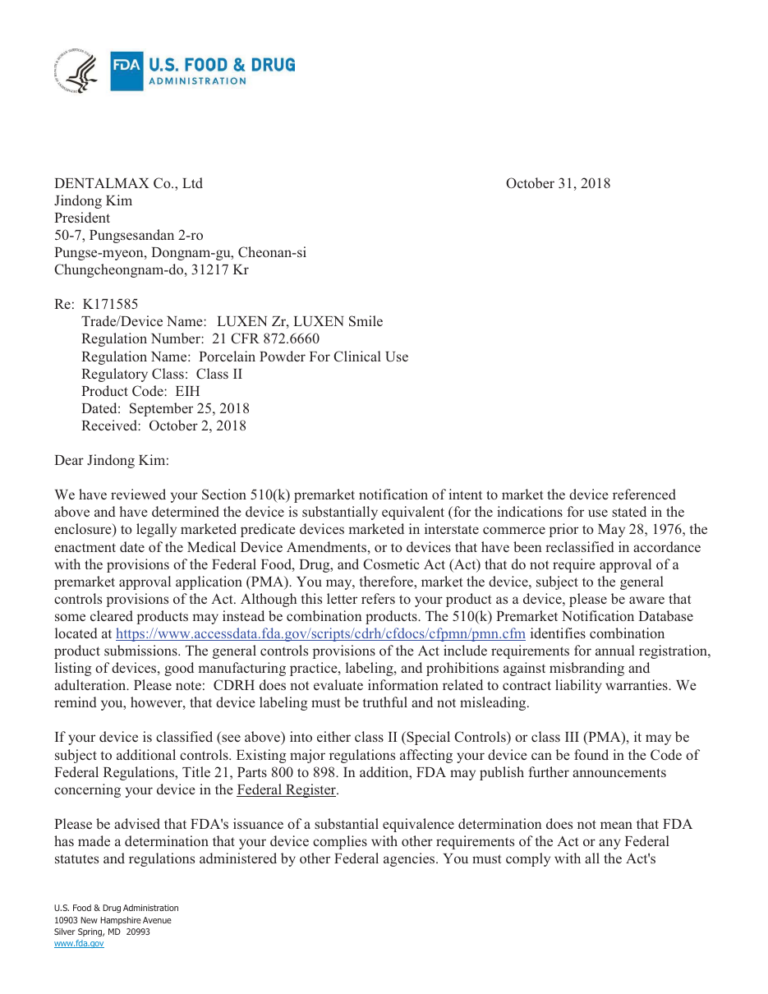 First page of FDA 510(k) letter K171585 to Dentalmax for LUXEN Zr, LUXEN Smile